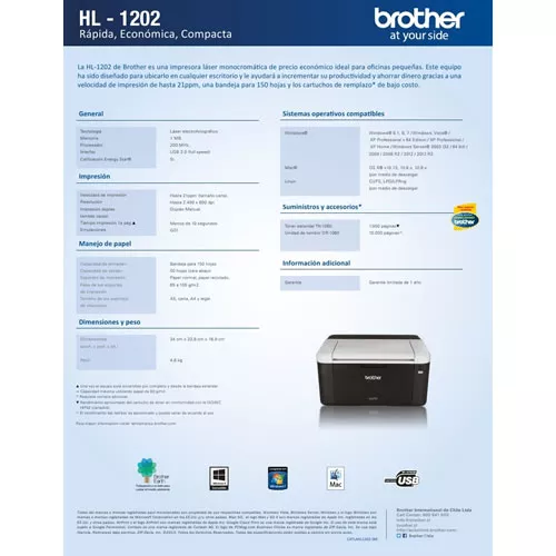 Impresora Laser Mono A4 A5 USB 21ppm pn.:HL-1202 