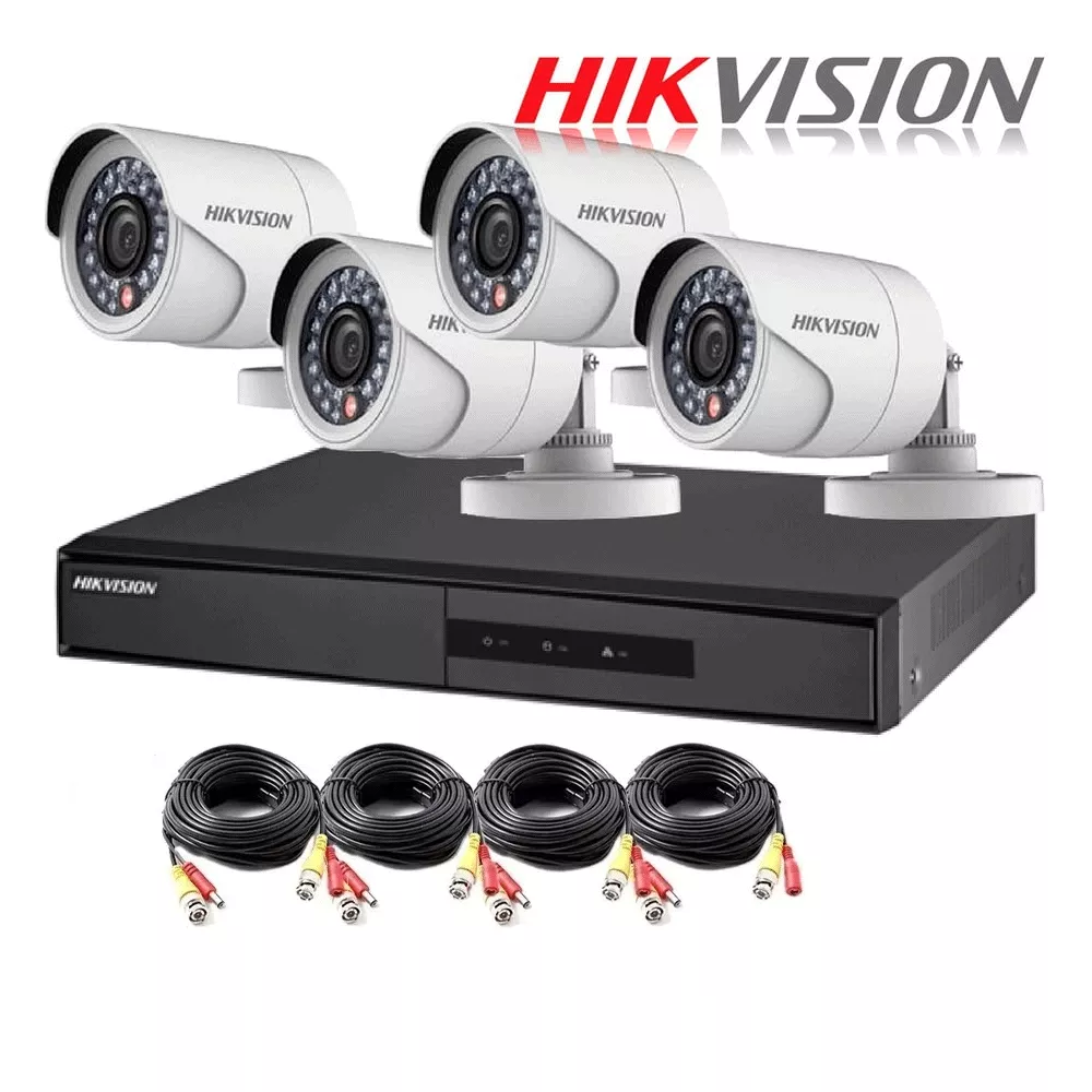 Kit de Videovigilancia Hikvision, DVR 4 Canales, 4 Cámaras Bullet IP66 + 4 Rollos BNC - DS-J142I/7204HGHI-F1+4CAM
