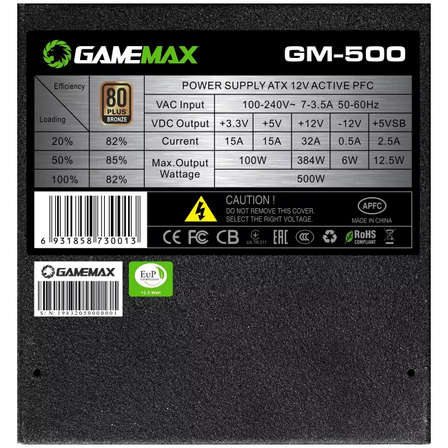 Fuente de poder Gamemax GM-500 500W, Certificada +80 Plus Bronze Modular  - GM-500