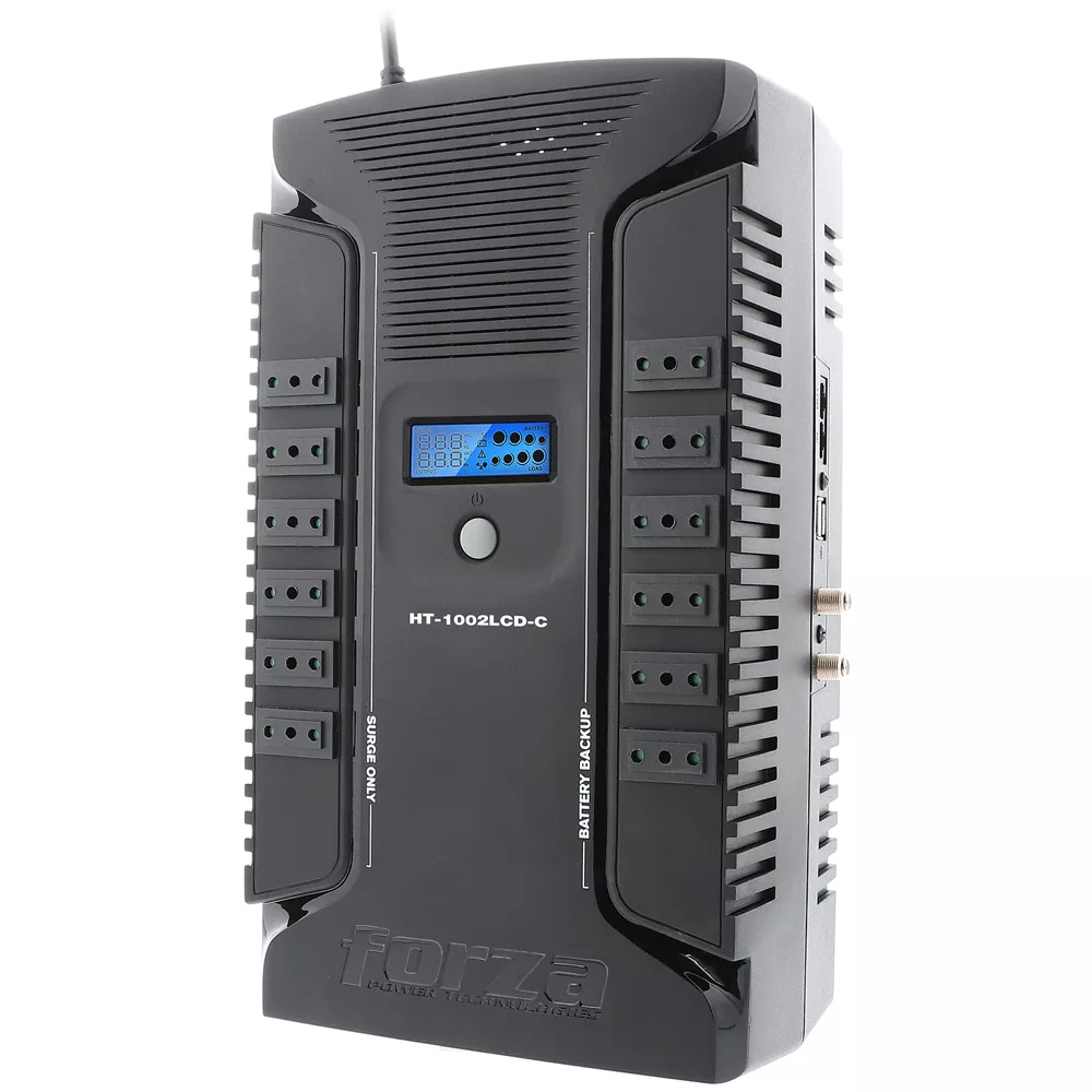 UPS Forza Interactiva, 500W / 1000 VA - AC 220 V - 12 tomas Nacional 2 USB  - HT-1002LCD-C  FZHT723  