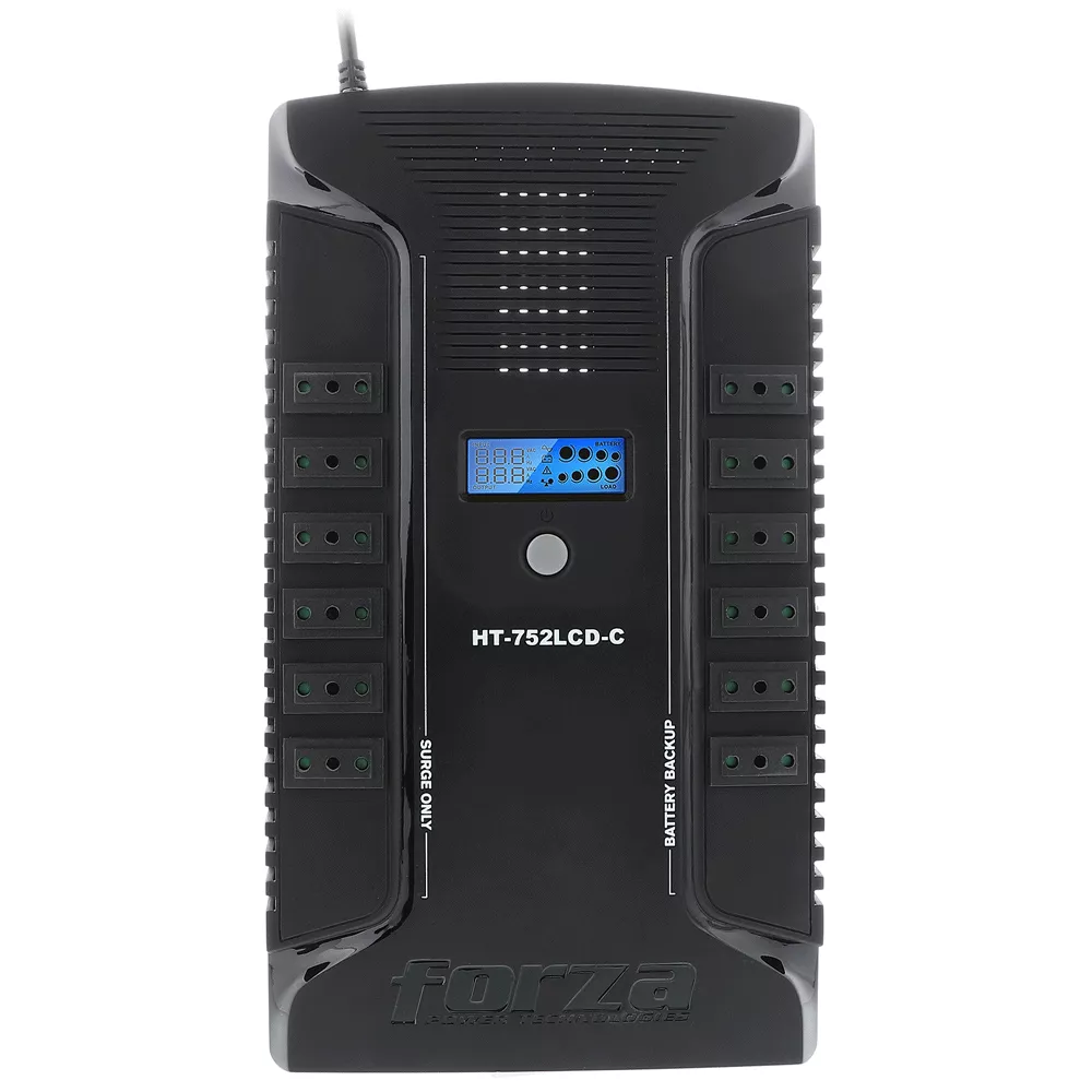 UPS Forza de 750VA, Interactiva, 375W, AC 220V, Onda Senoidal Simulada, 12 tomas Nacional 2 USB  - HT-752LCD-C  FZHT723  