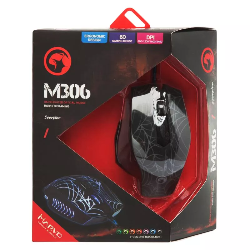 Mouse Marvo Gamer Scorpion Thunder Devil M 306, USB, 800/1200/1600/ 2400DPI, 6 botones RGB Gaming - 106420