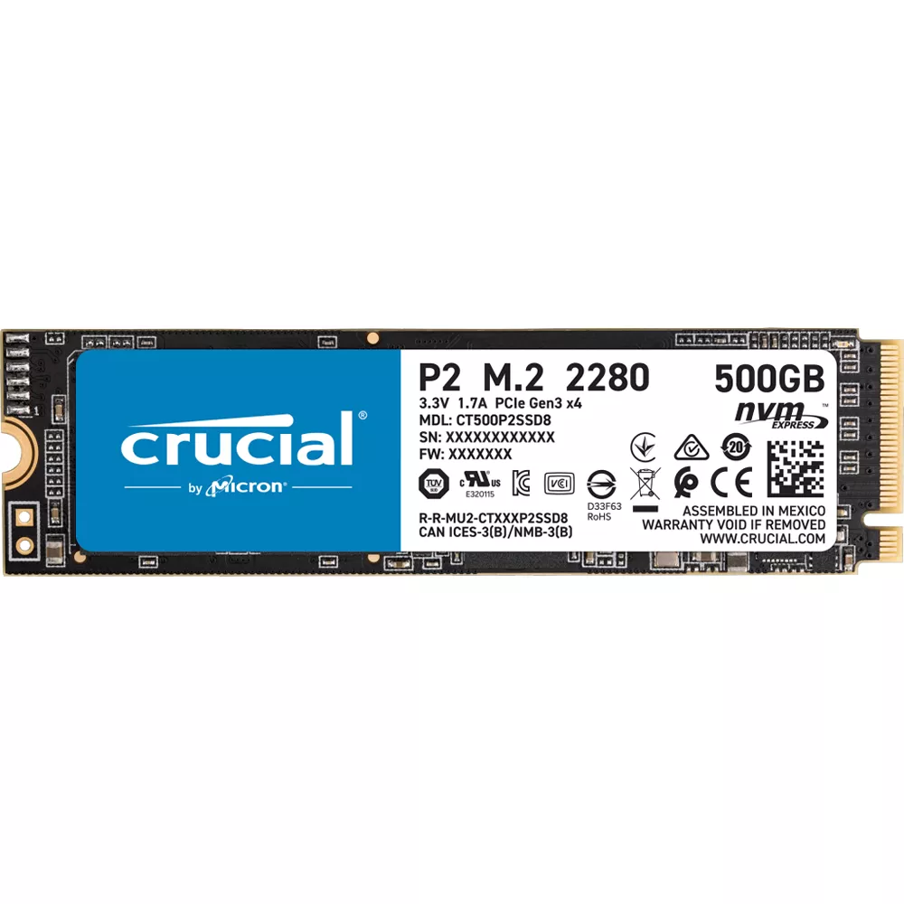 SSD 500GB M.2 Crucial P2 500GB PCIe NVMe Gen 3, Lectura 2.300MB/s, Escritura 940MB/s  - CT500P2SSD8