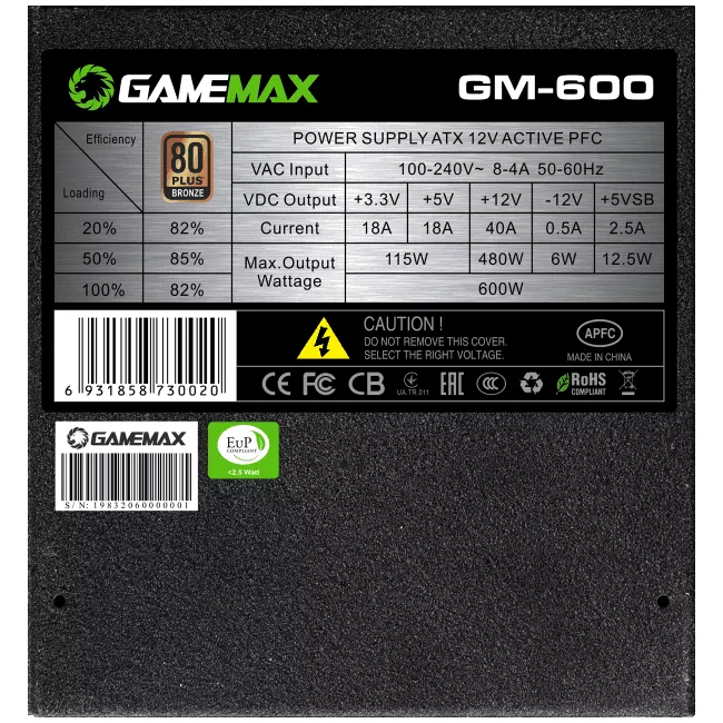Fuente de poder Game Max 600W Semi Mudular, SATA Connectors: 6 - GM-600