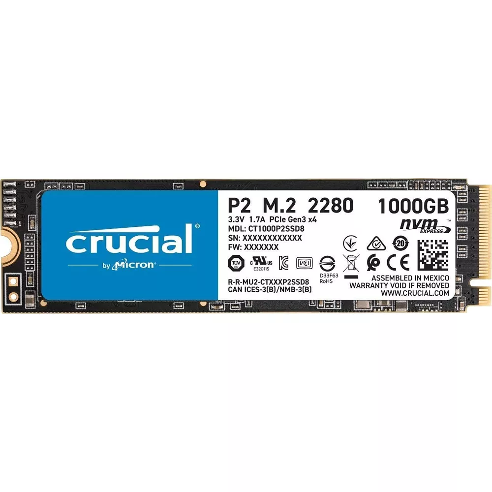 1TB SSD Crucial P2 PCIe M.2 NVME 2280SS, Lectura 2400 MBs - Escritura 1800 MBs - CT1000P2SSD8
