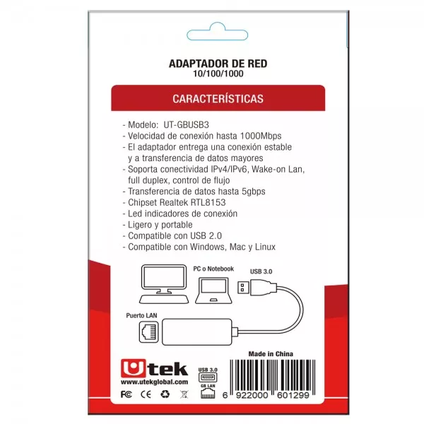 Adaptador USB 3.0 a Gigabit (10/100/1000) / mod. UT-GBHUB3 - 0060154