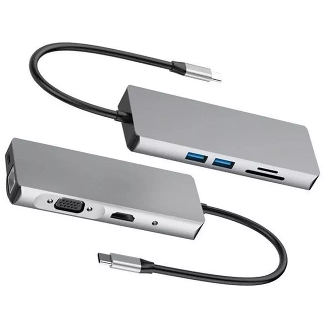 Hub USB tipo C Multipuerto  9en1 USBx2/Hdmi/USB- C/RJ45/TF/SD/VGA/  Audio - 601640