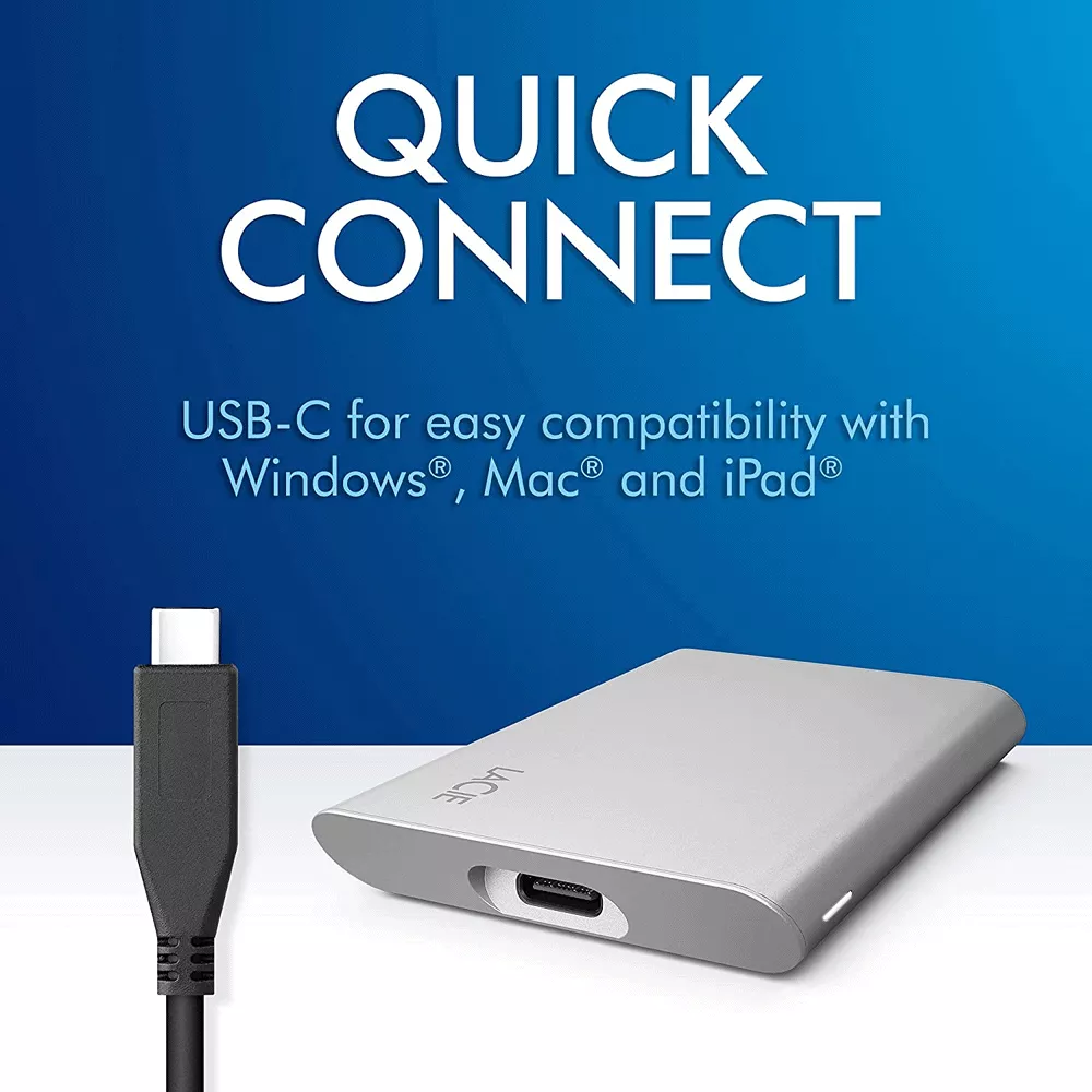 SSD 1TB Externo Portatil LaCie, USB-C, USB 3.2 gen 2, con velocidades de hasta 1.050 MB/s, plateado lunar para PC, Mac y iPad - STKS1000400