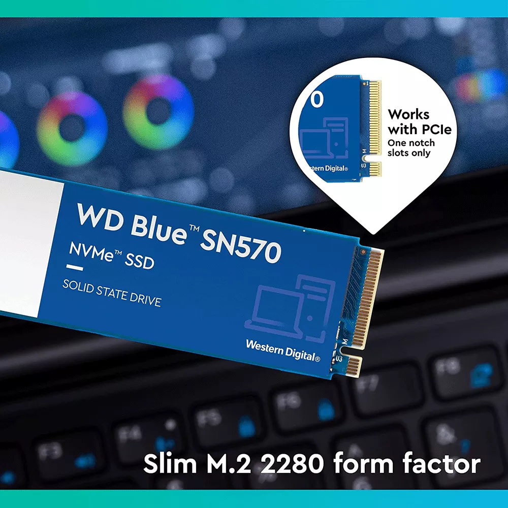 SSD 1TB WD Blue SN570, 1TB, NVMe M.2, Lectura 3500 MB/s Escritura 3000 MB/s - WDS100T3B0C