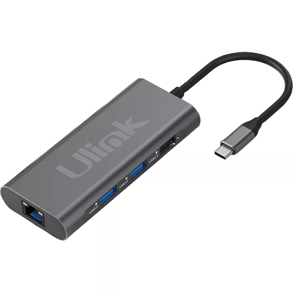 Adaptador multipuerto USB C 8 en 1 HDMI x1 USB2.0 x1 USB3.0 x2 PD x1 SD x1  TF x1 LAN10/100 x1 aluminio / UL-ADC801 - 0060147