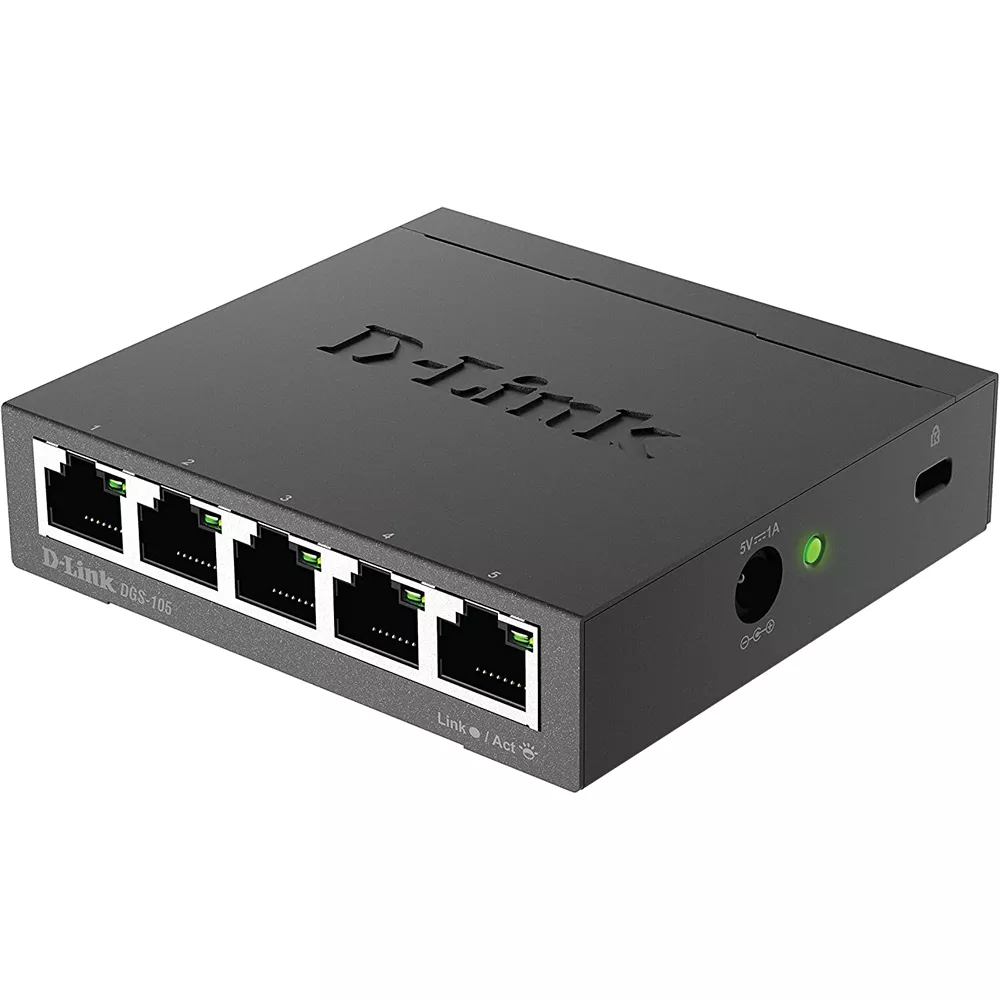 Switch D-Link DGS-105, Plug & Play, 5 Puertos Gigabit 10/100/1000Mbps Unmanaged Gaming y Streaming 4K - DGS-105