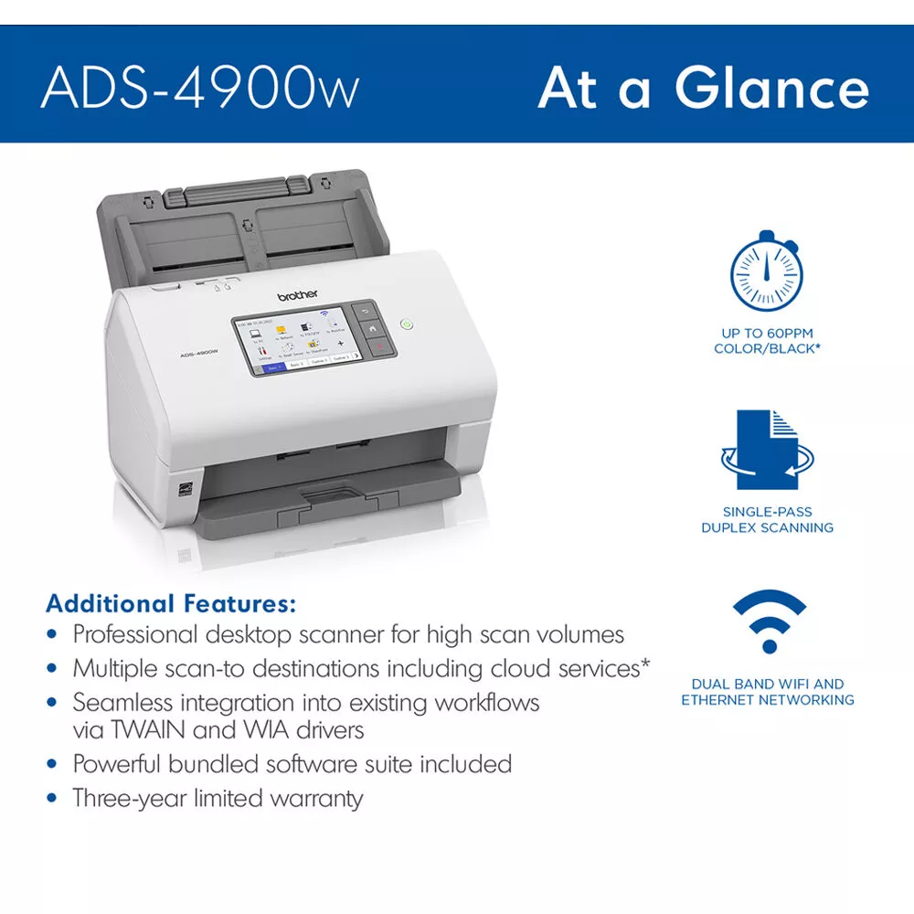 Scanner Escáner Brother ADS-4900W, ADF, 600dpi, 120ipm, Wi-Fi/USB/Ethernet -  - ADS-4900W