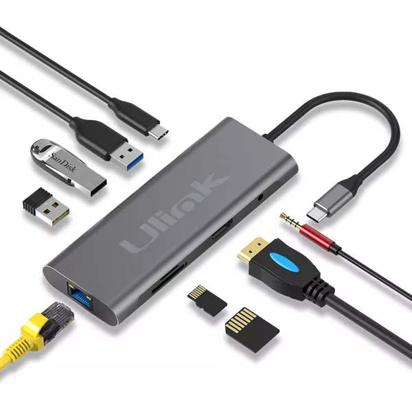 Adaptador multipuerto USB C 9 en 1 HDMIx1, USB3.0x3 PDx1 SDx1 TFx1  LAN10/100/1000x1 , audio 3,5mm*1, aluminio / UL-ADC901 - 0060150 