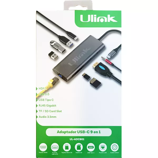Adaptador multipuerto USB C 9 en 1 HDMIx1, USB3.0x3 PDx1 SDx1 TFx1  LAN10/100/1000x1 , audio 3,5mm*1, aluminio / UL-ADC901 - 0060150 