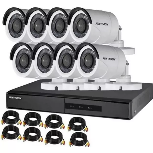 Kit de Video vigilancia Hikvision Cámaras y DVR 8 Canales, 8 Cámaras Bullet IP66 + 8 Rollos BNC +HDD 1TB - DS-J142I/7208HGHI-M1C+8CAM