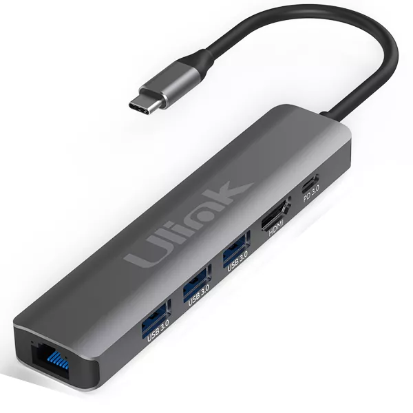 Adaptador multipuerto USB C 6 en 1 HDMIx1 USB3.0x3 PDx1 10/100/1000x1,  aluminio / UL