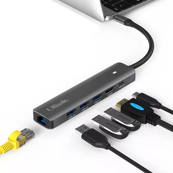Adaptador multipuerto USB C 6 en 1  HDMIx1 USB3.0x3 PDx1 10/100/1000x1, aluminio / UL-ADC601 - 0060149