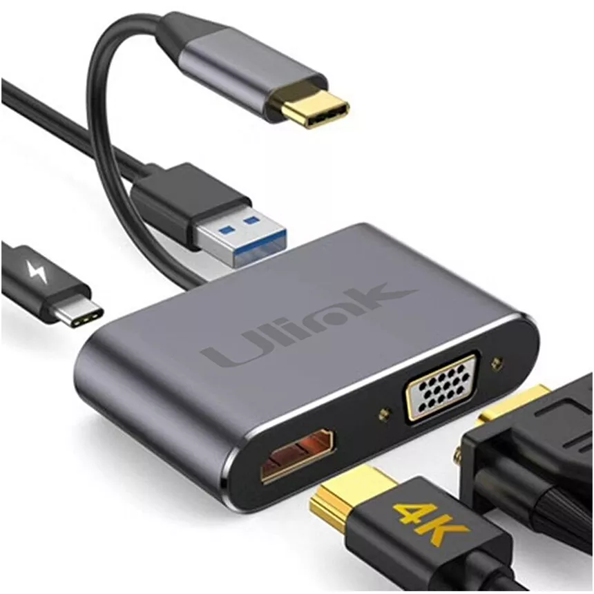 Adaptador multipuerto USB C 4 en 1 , HDMI*1, VGA*1, USB3.0*1, PD*1 , aluminio /  UL-ADC404V - 0060146