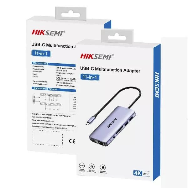 HUB Docking HIKSEMI USB-C DS11 11 en 1: 1 HDMI 4K, 1 VGA, 1 RJ45, x2 USB-A 3.0, x2 USB-A 2.0, 1 Jack Audio 3.5, 1 USB-C 1 SD 1 microSD - HS-HUB-DS11
