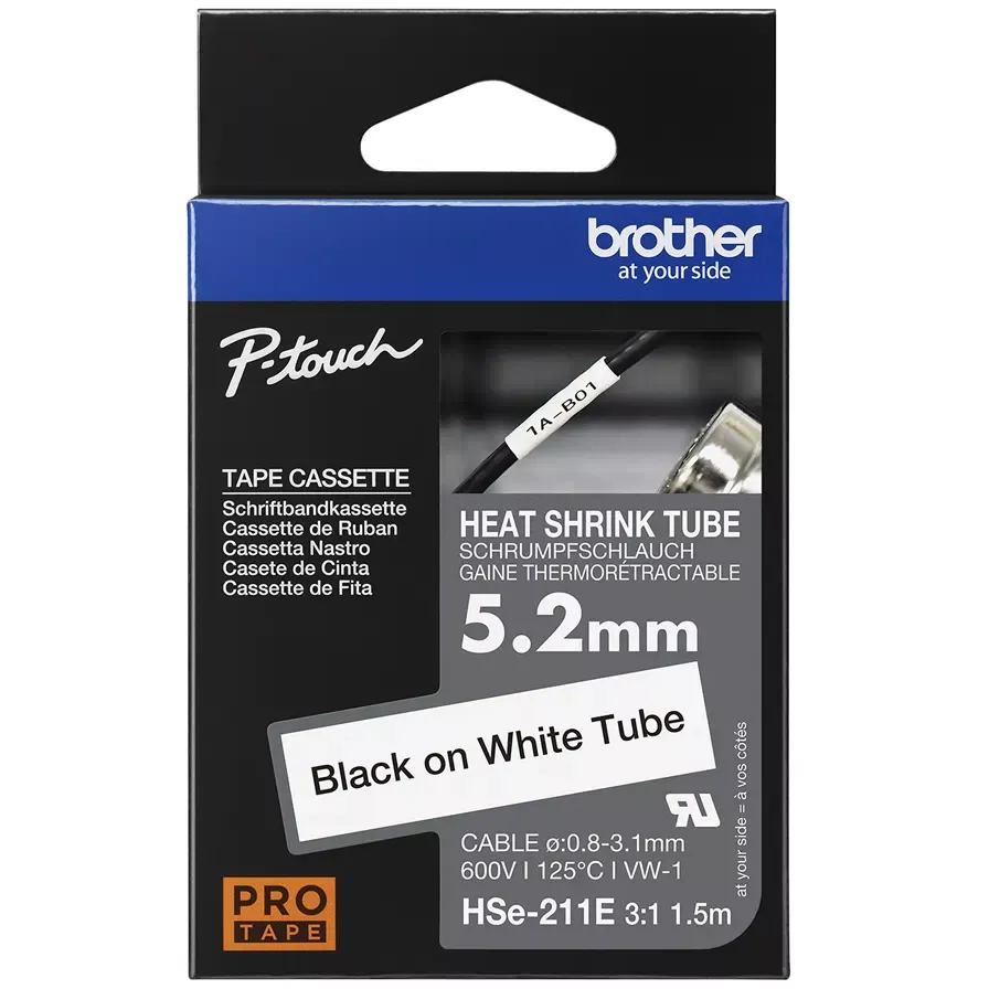 Cinta Tubo Brother HSE211E, Negro sobre Blanco 5.2mm 1.5mts Recom. 0.8mm a 3.1mm - HSE211E